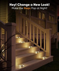 Outdoor stairs illuminated with Solar Dock Lights Outdoor 12 Pack 12 LED No Fuss Dusk To Dawn Driveway Lights Waterproof IP68 3000K Warm White