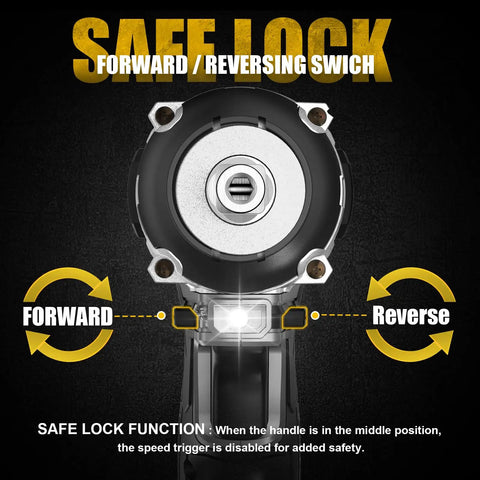 Ecarke 1/2 Inch Cordless Impact Wrench With Brushless Motor And Led Light showing safe lock switch for forward and reverse functions.