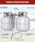 Dual Tank RV Propane Regulator Kit With Two 18 Inch Pigtail Hoses And Gauge And 48 Inch Outlet Extension Braided QCC1 Quarter Inch Inverted Flare Plus Smart Refill Reminder Color Changing Indicator And Easy Hookup For Campers Trailers, parts specification showing tanks, hoses, and connectors.