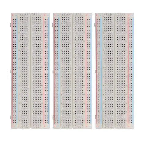 Three Must Have MB 102 Breadboard 830 Point Solderless Prototype PCB Board DIY Kit for Arduino Projects aligned side by side