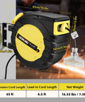 65 Ft Retractable Extension Cord Reel With 3 Grounded Outlets, Lighted Triple Tap, showing dimensions and wall-mounted view