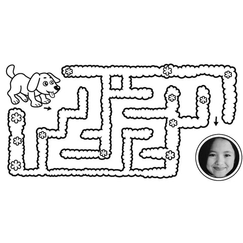 PrintCam Paper Refill Pack With Three Regular Thermal Paper Rolls And Two Thermal Adhesive Sticker Rolls No Ink Needed For Quick Black And White Photo Prints And DIY Stickers. Black-and-white maze print with dog and child photo preview