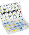 Bulk MKT PET Film Capacitor Kit, 235-Piece Assortment With 24 Values At 63V, From 1nF To 1uF, labeled box shown open.