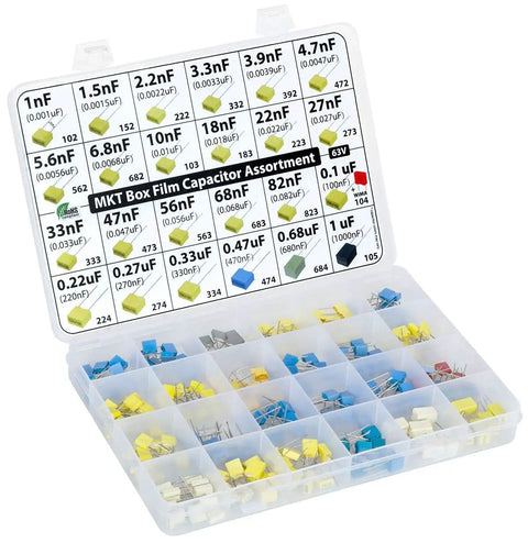 Bulk MKT PET Film Capacitor Kit, 235-Piece Assortment With 24 Values At 63V, From 1nF To 1uF, labeled box shown open.