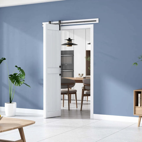 Installed DIY Ready Space Saving Bi-Fold Barn Door Kit With Sliding Hardware, Waterproof PVC Surface, White H-Frame, in dining room.