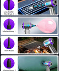 Boss Level 80,000 RPM Vacuum And Air Duster 4 In 1 with suction and spray tips inflating balloon, blowing dust, and camping gear.