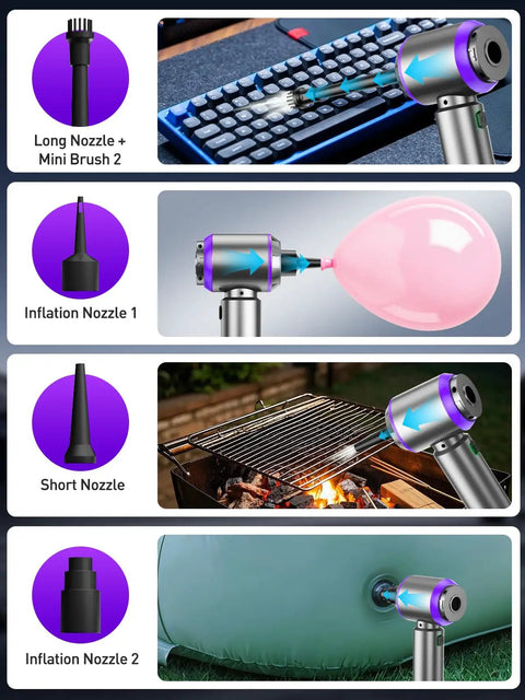 Boss Level 80,000 RPM Vacuum And Air Duster 4 In 1 with suction and spray tips inflating balloon, blowing dust, and camping gear.