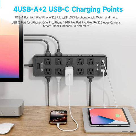 Power Strip With 20 AC Outlets And 6 USB Ports Heavy Duty Surge Protector 15 Amp 6ft Extension Cord 2700 Joules 120 to 240V Wide Voltage on desk