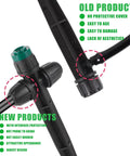 Comparison of old and new drip irrigation sprayers with tubing showing design improvements for backyard garden irrigation system.