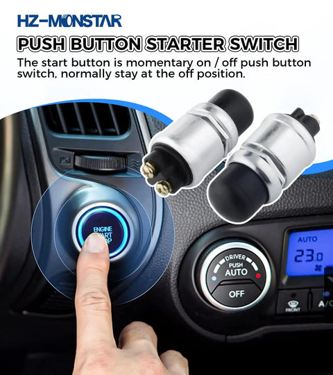 Waterproof 12V 24V Push Button Starter Switch 50A Heavy Duty For Cars Boats Trucks Tractors And Marine Applications Momentary Engine Start Button With Weatherproof Rubber Cover 2 Pack Black installed in car dashboard, finger pressing start button