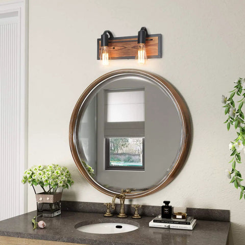 Farmhouse Vanity Sconce Lighting Fixture With Rustic Wall Lamp For Bathroom, Black Matte Steel And Solid Wood Blend