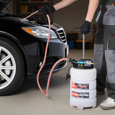 Pro Grade 9.5 Liter Fluid Extractor Pump With Pneumatic Manual Switch and Iron Clad No Drip Seal for Swift Oil Swaps on cars trucks boats lawnmowers in use.