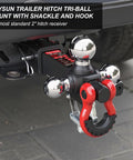 Tri Ball Trailer Hitch Mount With Swivel Tow Shackle And Hook For 2 Inch Receiver Chrome Trailer Balls In 1-7/8 Inch 2 Inch And 2-5/16 Inch Sizes Go To Heavy Duty Gear With 5/8 Inch Hitch Pin attached to vehicle