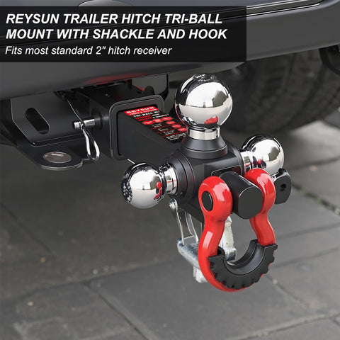 Tri Ball Trailer Hitch Mount With Swivel Tow Shackle And Hook For 2 Inch Receiver Chrome Trailer Balls In 1-7/8 Inch 2 Inch And 2-5/16 Inch Sizes Go To Heavy Duty Gear With 5/8 Inch Hitch Pin attached to vehicle