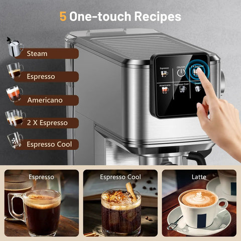 Heavy Hitter 20 Bar Espresso Machine Featuring A Sleek Beige Finish Built In Frother For Silky Lattes Quick Cold Brew Option And Zero Hassle Daily Grind Routine user interface with one-touch recipe options.