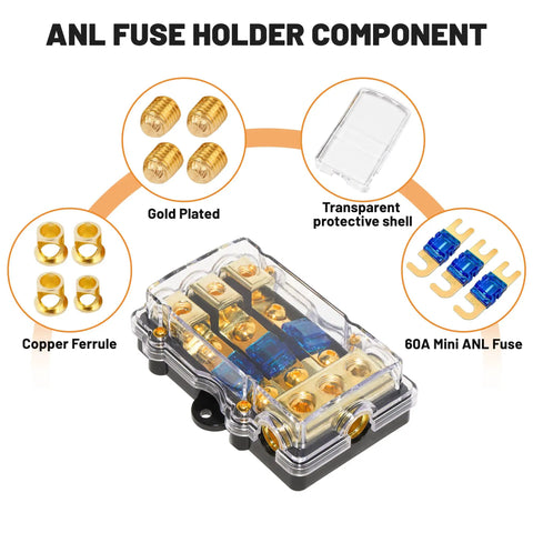Heavy Duty ANL Fuse Holder 60 Amp 3 Way Wiring Distribution Block For Marine Boat Trolling Motor ATV Trailer with components.