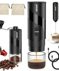 All In One Portable Coffee Maker Set With Mini Electric Espresso Machine, Manual Grinder And Electric Milk Frother For Camping, Road Trips, Office Or Home, Brew Ground Coffee Or Pods On The Go. Compact coffee brewing set showing espresso machine, grinder, frother, pods, and coffee beans.