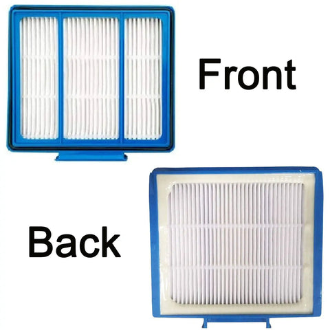 Front and back view of blue and white filter from 12 Pack Replacement Parts Kit For Robot Vacuum Cleaners That Fits R101AE RV1001AE IQ R101 RV1000C RV1000S RV1001AEC AV970 AV993 AV992 AV911S AV1002AE UR1100SRUS UR1000SR Main Brush, 3 Filters, 6 Side Brushes, 1 Pre Filter.