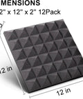 Twelve Pack High Density Pyramid Acoustic Foam Wall Panels With Strong Self Adhesive Backing Sound Proof Tile Blocks Chatter Zero Echo Tight Home Recording Setup, dimensions shown, each 12x12x2 inches.