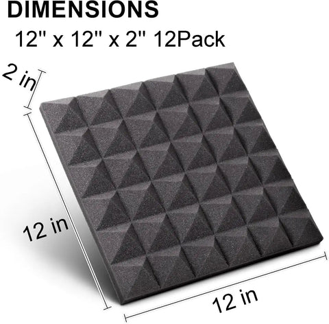 Twelve Pack High Density Pyramid Acoustic Foam Wall Panels With Strong Self Adhesive Backing Sound Proof Tile Blocks Chatter Zero Echo Tight Home Recording Setup, dimensions shown, each 12x12x2 inches.