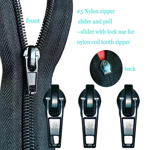 Zipper Repair Kit 39 Piece Set With Size Five Sliders And Pulls Metal Zippers Retainer Box Insertion Pins Top And Bottom Stops For Nylon Coil Zippers On Jackets Bags And More DIY Fix, close-up of #5 nylon zipper slider and pull.