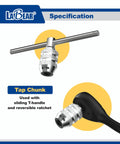 Three Eighths Inch Drive Adjustable Tap Socket For M5 To M12 Taps, Tap Chuck Adapter with T-handle and ratchet detail