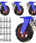 Badass Heavy Duty Industrial Casters Set Of Four Durable Rubber Swivel Wheels With Dual Locking Brakes, showing blue swivel wheels and hardware.