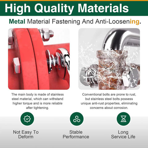 Comparison of stainless steel and conventional bolts emphasizing anti-loosening and corrosion resistance.