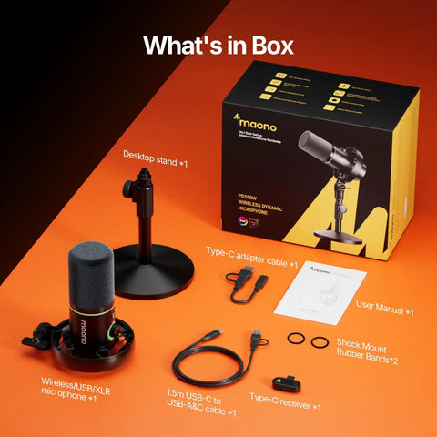 Hybrid Wireless Podcast Microphone With USB And XLR kit showing contents including stand, cables, and box for PC Mac Phone Tablet.