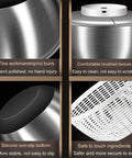 Detailed close-ups of the Kickass Electric Salad Spinner With Slick Usb Rechargeable Motor Stainless Steel Bowl design features.