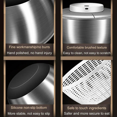 Detailed close-ups of the Kickass Electric Salad Spinner With Slick Usb Rechargeable Motor Stainless Steel Bowl design features.
