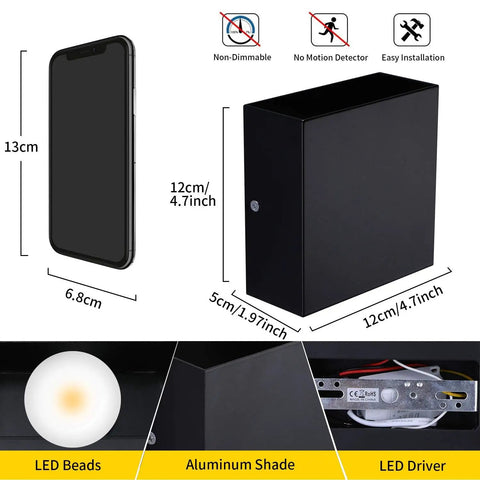2 Pack LED Wall Sconce 10W Hardwired Modern Black Up Down Wall Lamps For Living Room Hallway Bedroom Decor Cool White COB LEDs Included Fifty Thousand Hours Mini Metal with size comparison to smartphone and components labeled