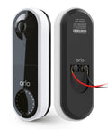 Front and back view of Essential Wired Video Doorbell With HD Video, 180 Degree View, Night Vision, Two Way Audio, DIY Installation, White.