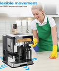 Woman using sliding mat for Luxe Café ES601 series espresso machine with anti slip base on a kitchen countertop