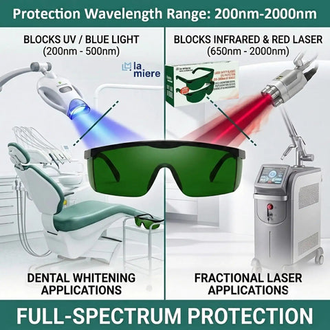 Tough As Nails Laser Safety Glasses Dark Green Anti Fog Coating Polycarbonate Frame For Dental Work 200 Through 2000Nm Beam Protection showing UV and laser protection applications.