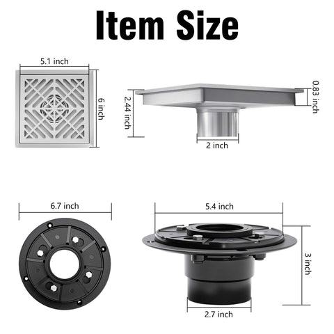6 Inch Square Shower Drain With Flange Kit dimensions and components, 1.2mm SUS304 stainless steel, geometric pattern, seamless weld design.