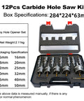 Check out this Awesome 12 Piece Carbide Tipped Hole Saw Kit For Tough Metal Cutting With Stainless Steel And Iron Drilling Skills. open case with 12 metal hole saws 16-50mm