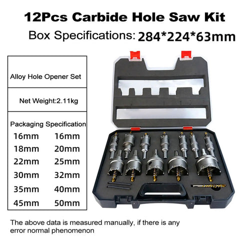 Check out this Awesome 12 Piece Carbide Tipped Hole Saw Kit For Tough Metal Cutting With Stainless Steel And Iron Drilling Skills. open case with 12 metal hole saws 16-50mm