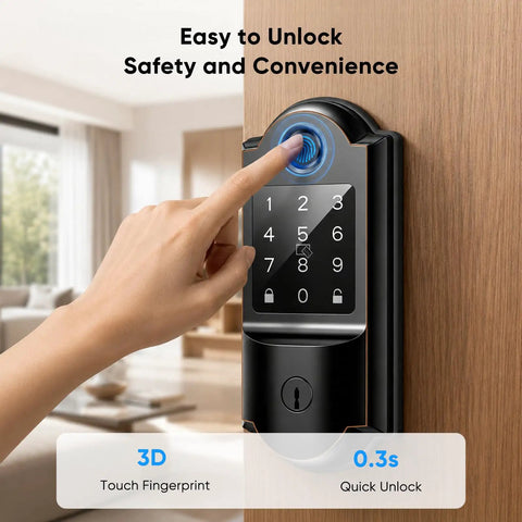 Slick Keyless Entry Smart Lock Featuring Auto Locking Fingerprint Reader with 3D touch fingerprint for quick unlock.