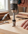 Get This Bad Boy 1/4 Inch Shank Spiral Flush Trim Router Bit With 3/8 Inch Cutter And Half Inch Cutting Height in use on wood.