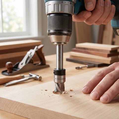 Get This Bad Boy 1/4 Inch Shank Spiral Flush Trim Router Bit With 3/8 Inch Cutter And Half Inch Cutting Height in use on wood.