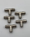 Five brass 1/4-inch push-to-connect air line tee fittings arranged in a cluster, suitable for high pressure systems.