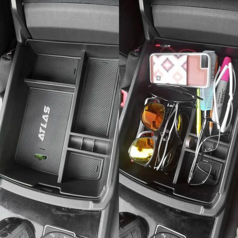 Center Console Organizer Tray For Atlas Cross Sport Accessories 2018 2019 2020 2021 2022 2023, Armrest Storage, ABS Black, Non Slip Base