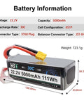 Six-Cell 5000mAh LiPo Battery High Discharge Soft Pack 22.2V 30C with XT60 connector, dimensions and weight shown