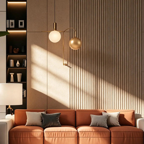 Level Up Your Studio Vibe With These 4 Pack 3D Wood Slat Wall Panels In Natural Walnut For Acoustic Sound Absorbing Home Office Decor That Completely Slays And Kills Room Echo, featuring slat wall and cozy sofa.
