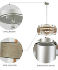 5 Light Metal Drum Chandelier With Wood Grain Shade Round Pendant Ceiling Light For Kitchen Island And Dining Room