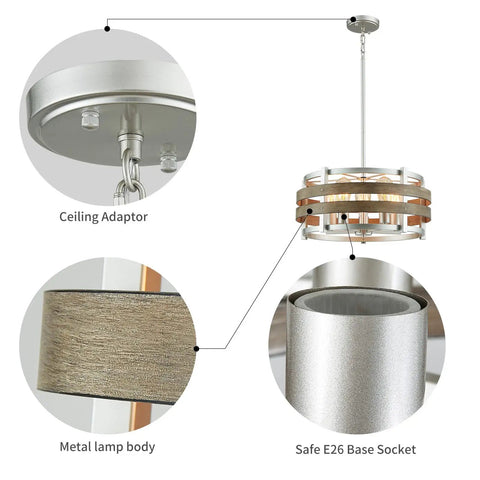 5 Light Metal Drum Chandelier With Wood Grain Shade Round Pendant Ceiling Light For Kitchen Island And Dining Room