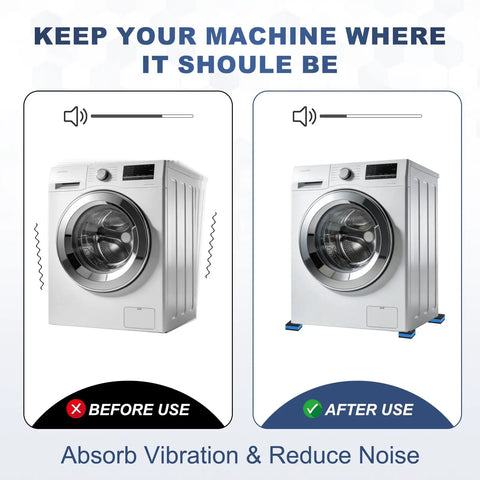 Before and after using Heavy Duty Rubber Anti Vibration Pads 5 By 5 Inch 8 Pack for stabilizing a washing machine.
