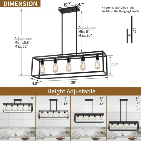 Dimensions of Top Shelf Black Five Light Linear Chandelier Featuring A Killer Geometric Metal Frame And Adjustable Hanging Rods.