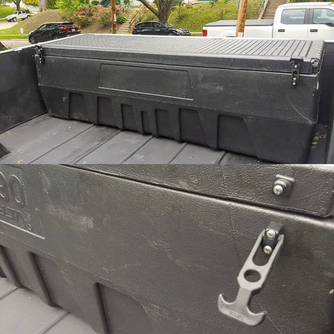 Acrux7 toolbox with rubber latches in a pickup bed; close-up shows a metal T-handle draw latch.
